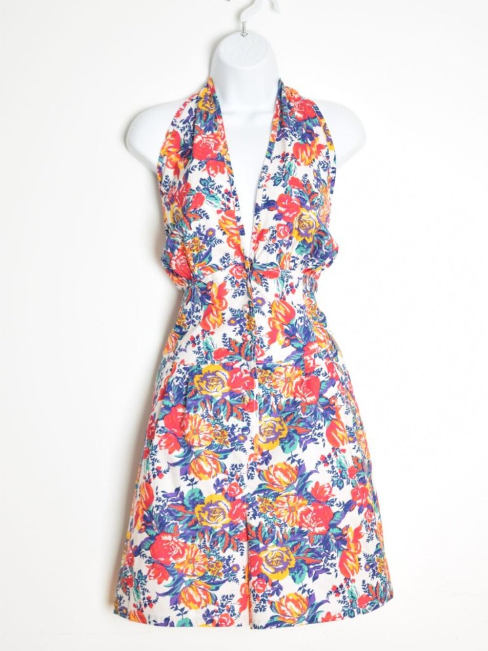vintage 80s romper white floral print backless halter playsuit outfit shorts L